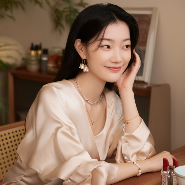 生活瞬间，美女，韩系美女，丝绸，美妆广告，家庭餐桌，4K超清，写实风格，温馨，柔和室内光，细腻皮肤，项链，耳环，手链。