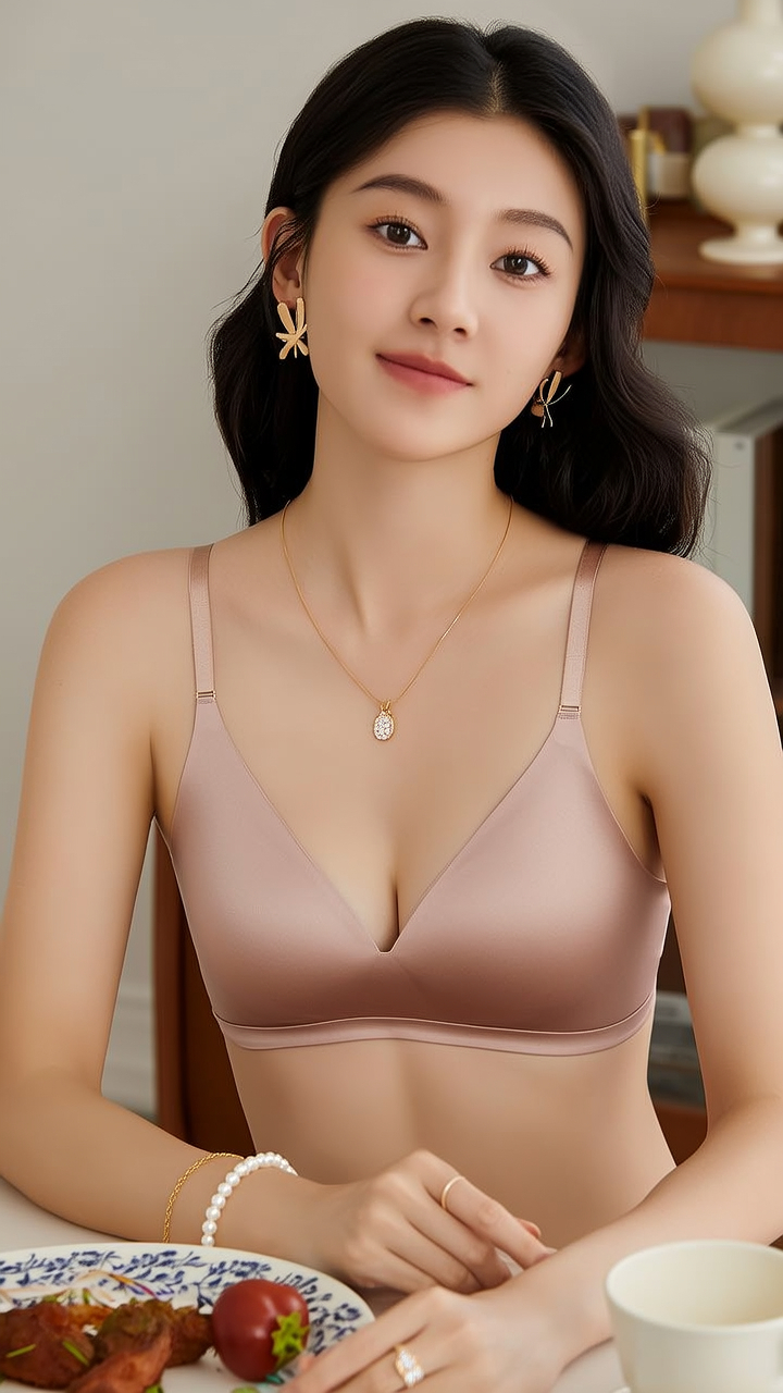 生活瞬间，美女，韩系美女，丝绸文胸，美妆，家庭餐桌，4K超清，写实风格，温馨，柔和室内光，细腻皮肤，项链，耳环，手链。