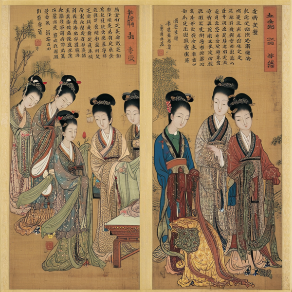 《女史箴图》：东晋顾恺之的作品，根据张华的《女史箴》创作，描绘了古代女性贵族的生活场景，以其精美的线条和细腻的色彩著称。