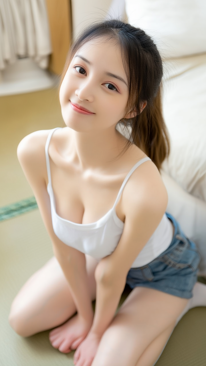 帮我生成一张清纯美女，跪在我前面，楚楚动人地抬起头看着我。