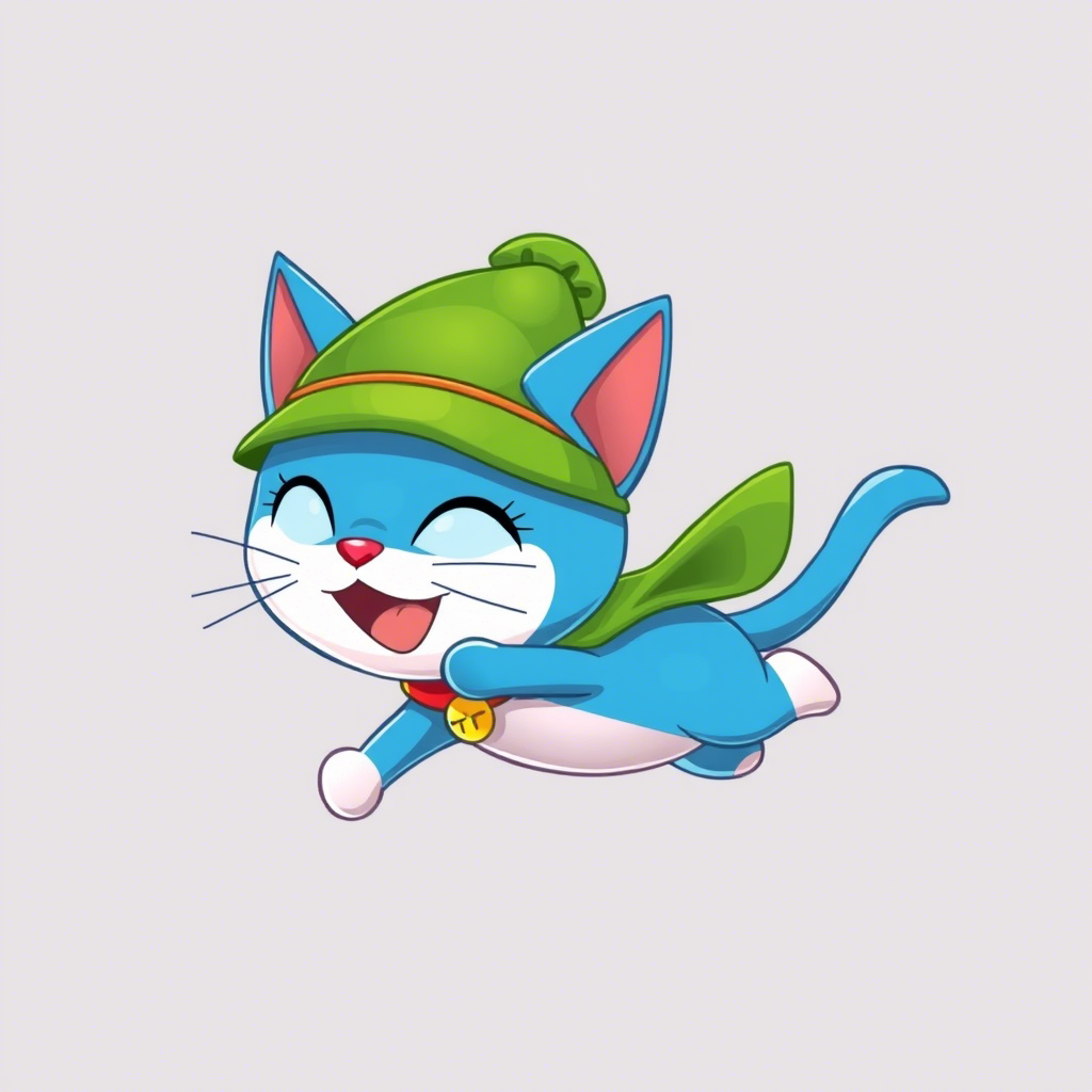 蓝色猫咪,长得像瘦子版的多啦A梦,带个绿帽子,穿个披风,在飞 蓝色猫咪,长得像瘦子版的多啦A梦,带个绿帽子,穿个披风,在飞